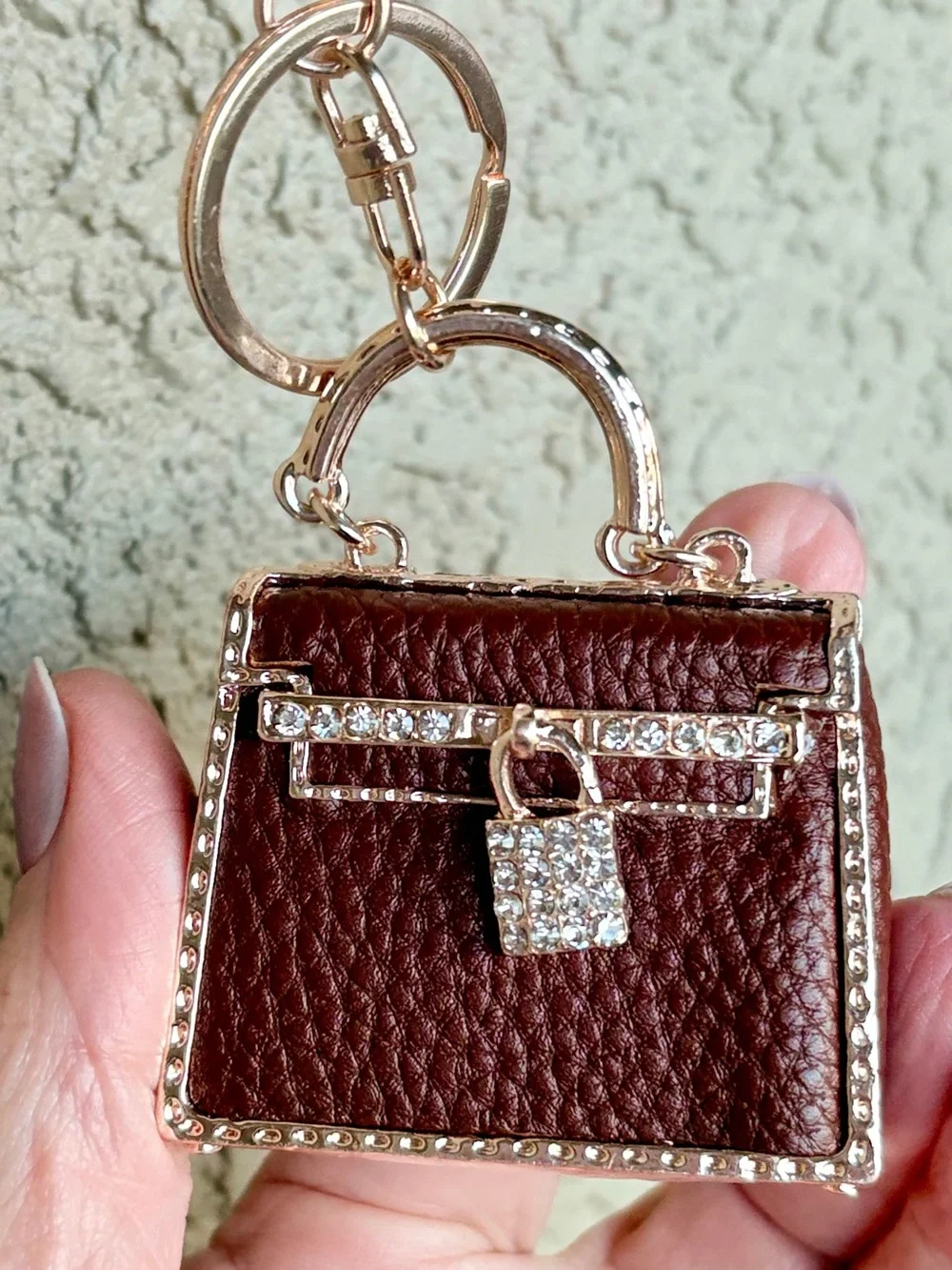 Mini Handbag Keychain Charm - Brown Faux Leather with Rhinestone Lock